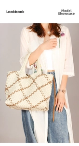 Close-up of beige and brown hand-woven tote bag with intricate leather texture