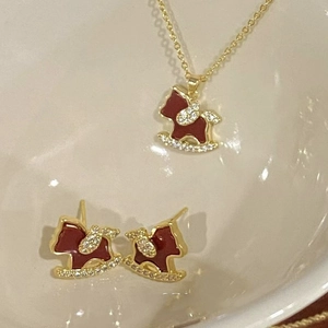 Rocking Horse Necklace And Earrings 18K Gold Plated Copper Red Enamel Zirconia Silver Earring Post Vintage Jewelry For Women