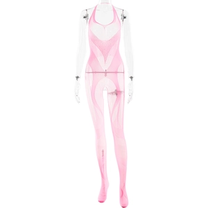 Roze transparante mesh bodysuit met halternek en bodypaint-patroon voor dames