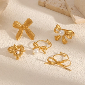 Bowknot Artificial Pearl Flower Stainless Steel Adjustable Open Ring Fashion French Retro Style Jewelry For Women