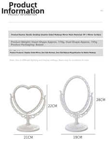 Detailed dimensions of heart-shaped and oval vintage desktop dual-sided makeup mirrors
