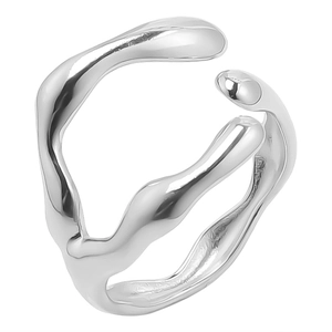 Detailed macro view of an adjustable irregular liquid silver metal ring in a modern art style