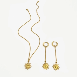 18K gold plated sun necklace and earrings jewelry set for women in minimalist style