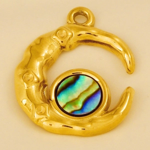 Macro detail of crescent moon pendant with iridescent abalone shell in gold stainless steel