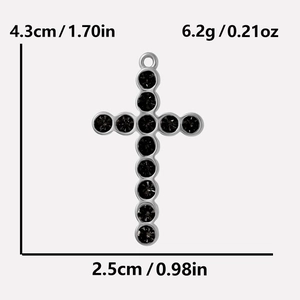 Silver stainless steel cross pendant with black gems showing size 4.3x2.5cm and weight 6.2g