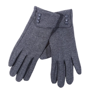 Detail of dark grey fleece gloves with three decorative buttons on the wrist cuff