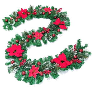 2.7m Deluxe Christmas garland with red poinsettias, pine needles and snow decoration