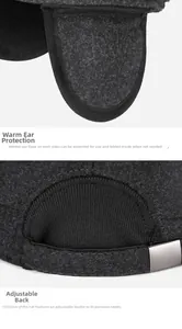 Detail of grey winter hat showing foldable ear flaps and adjustable metal back buckle