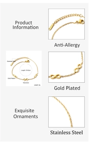 Detail of 18k gold plated infinity bracelet with size specs and anti-allergy features