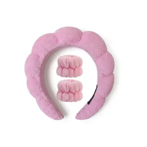 Pink velvet spa headband and wristband set for facial washing and skincare routine