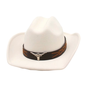 Chapeau De Cowboy Western Vintage Ethnique Feutre Large Bord Avec Boucle Métallique Tête De Taureau Argentée Hommes Femmes