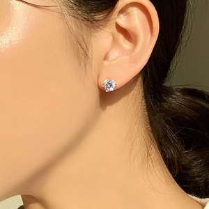 Close-up of 925 sterling silver six-prong stud earring with a brilliant round zircon stone