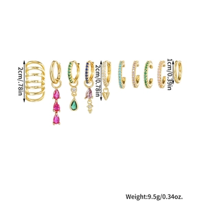 Set of gold ear cuffs and earrings with colored gemstones and size measurements