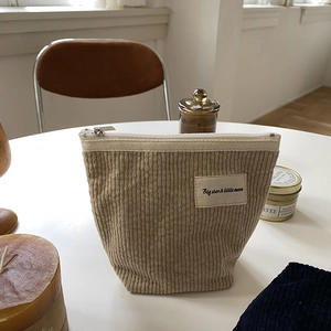 Vintage beige corduroy makeup bag with zipper and embroidered star moon text detail