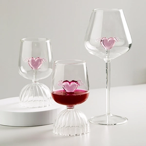 Creative Pink Heart With Wings Glass Wine Goblet Cupid Design Heat Resistant Clear Drinkware For Romantic Wedding Party Gift