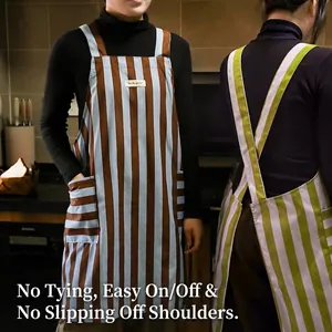 H-shaped striped kitchen apron with wide shoulder straps and large pockets for home cooking