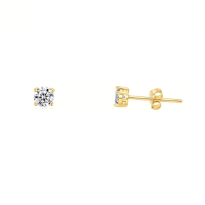 Detail of round cubic zirconia stud earrings with gold plating and butterfly backs