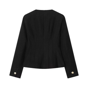 Women's black tweed cropped jacket with round neck and gold buttons on cuffs