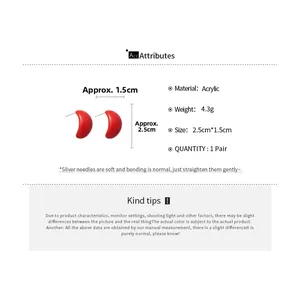 Detail specifications for red acrylic crescent earrings with silver needles and size info