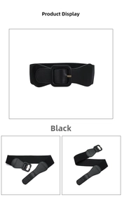 Detail of black elastic wide belt featuring a large square leather-covered buckle