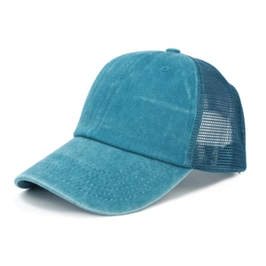 Vintage washed teal trucker hat with breathable mesh back and classic curved brim