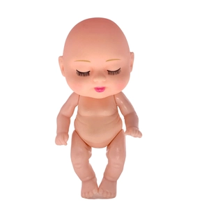 Close-up of a 5-inch lifelike sleeping baby doll with realistic facial features on white background