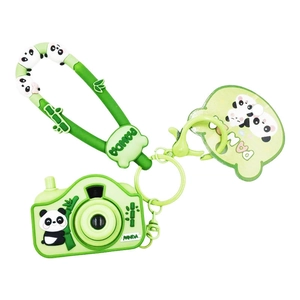 Cute green panda camera keychain with LED projection and silicone strap for backpacks