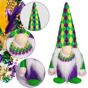 Mardi Gras gnome plush doll in purple green and yellow with bead necklace on white background