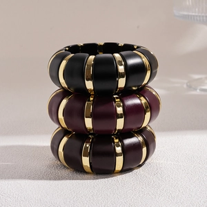 Lot de bracelets extensibles ovales en acrylique rétro noir bordeaux et café dorés