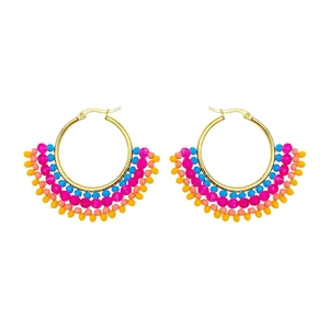 Ethnic style fan-shaped hoop earrings with colorful handmade beads and gold finish