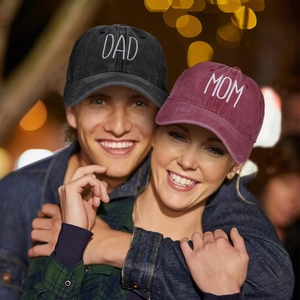 Matching DAD and MOM washed cotton embroidery baseball caps for couples in black and burgundy