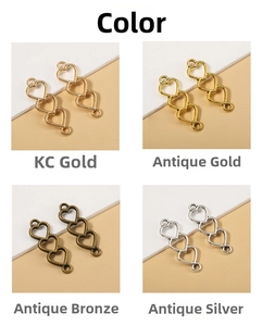 Three-heart hollow jewelry connectors in gold, bronze, and silver finishes for DIY making