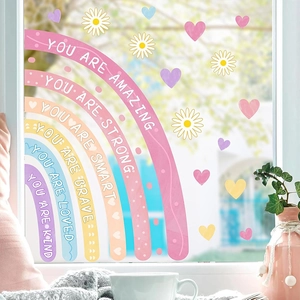 Bohemian rainbow window stickers with hearts and daisies for girls bedroom decor