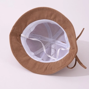 Brown corduroy baby bucket hat with white mesh lining and adjustable drawstring
