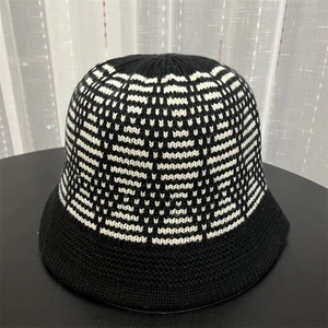 Korean style mixed jacquard knit bucket hat with geometric black and white patterns