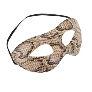 Brown snakeskin pattern masquerade eye mask with black elastic strap on white background