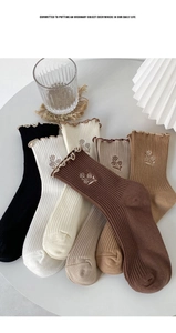 Detailed macro of vintage cotton socks with ruffle edges and small floral embroidery