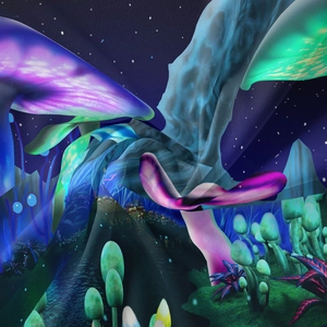 Detail of glow mushroom tapestry showing glowing fluorescent plants and forest texture