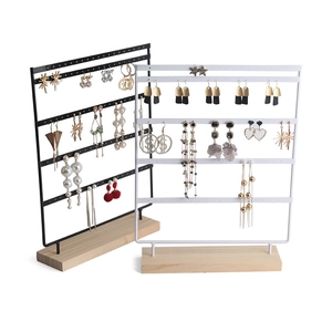 5-tier 100-hole metal earring organizer with wooden base in black and white finish