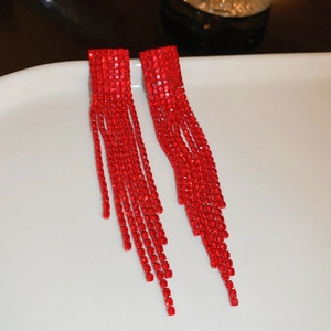 Vintage style silver needle earrings featuring red rhinestone fringe tassels for women