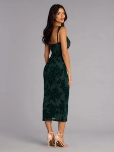 Elegant dark green floral midi bodycon dress with spaghetti straps and a side slit