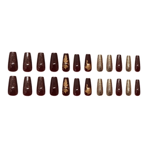 Deep burgundy and gold maple leaf pattern coffin press-on nails with glitter finish 24pcs