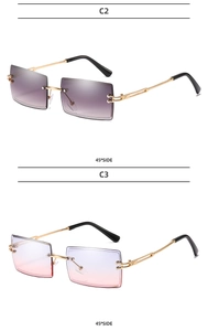 Detail view of C2 purple and C3 pink-blue gradient rimless sunglasses at 45-degree angle
