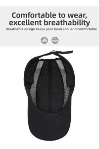 Detail view of breathable black mesh baseball cap lining and adjustable metal buckle strap