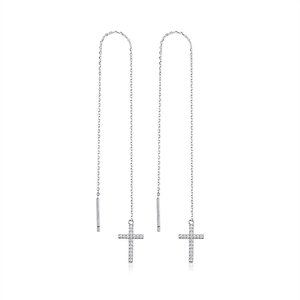S925 sterling silver cross threader earrings with micro-pave cubic zirconia stones