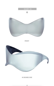 Front and 45-degree side macro view of silver Y2K frameless mirrored sunglasses