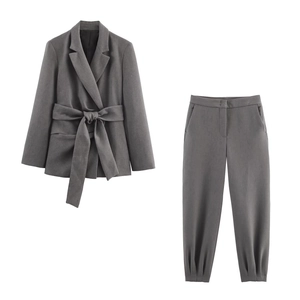 Blazer Et Pantalon Femme Polyester Couleur Unie Épaulettes Ceinture Taille Haute Costume Business Chic Gris