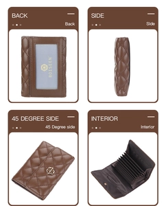 Detailed views of quilted PU leather card holder showing back, side, and interior slots