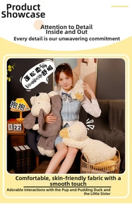 Detail shot of soft plush puppy and ducks with textured fabric and warm aesthetic