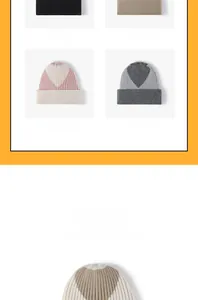 Close-up of thick knit patterns on winter beanies in black, khaki, pink, and grey